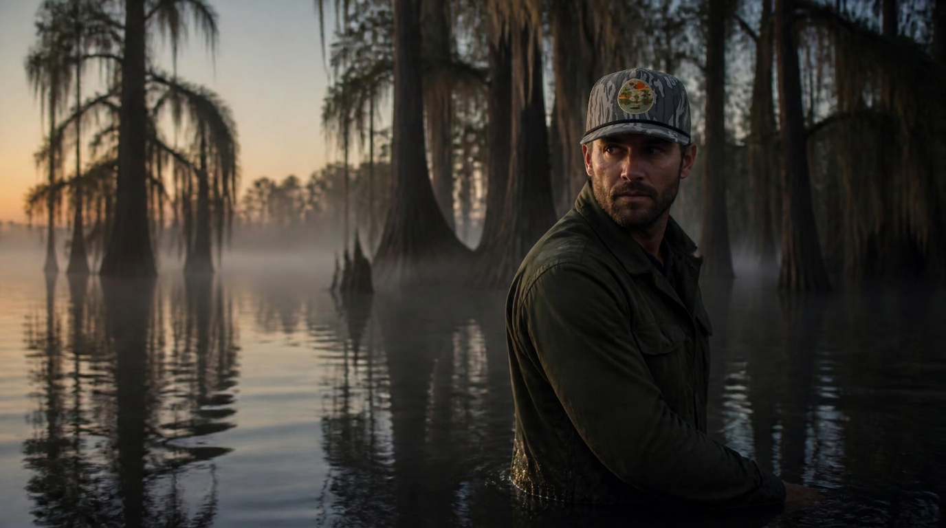 An outdoorsman wearing The Solace cap in flooded cypress timber before daylight