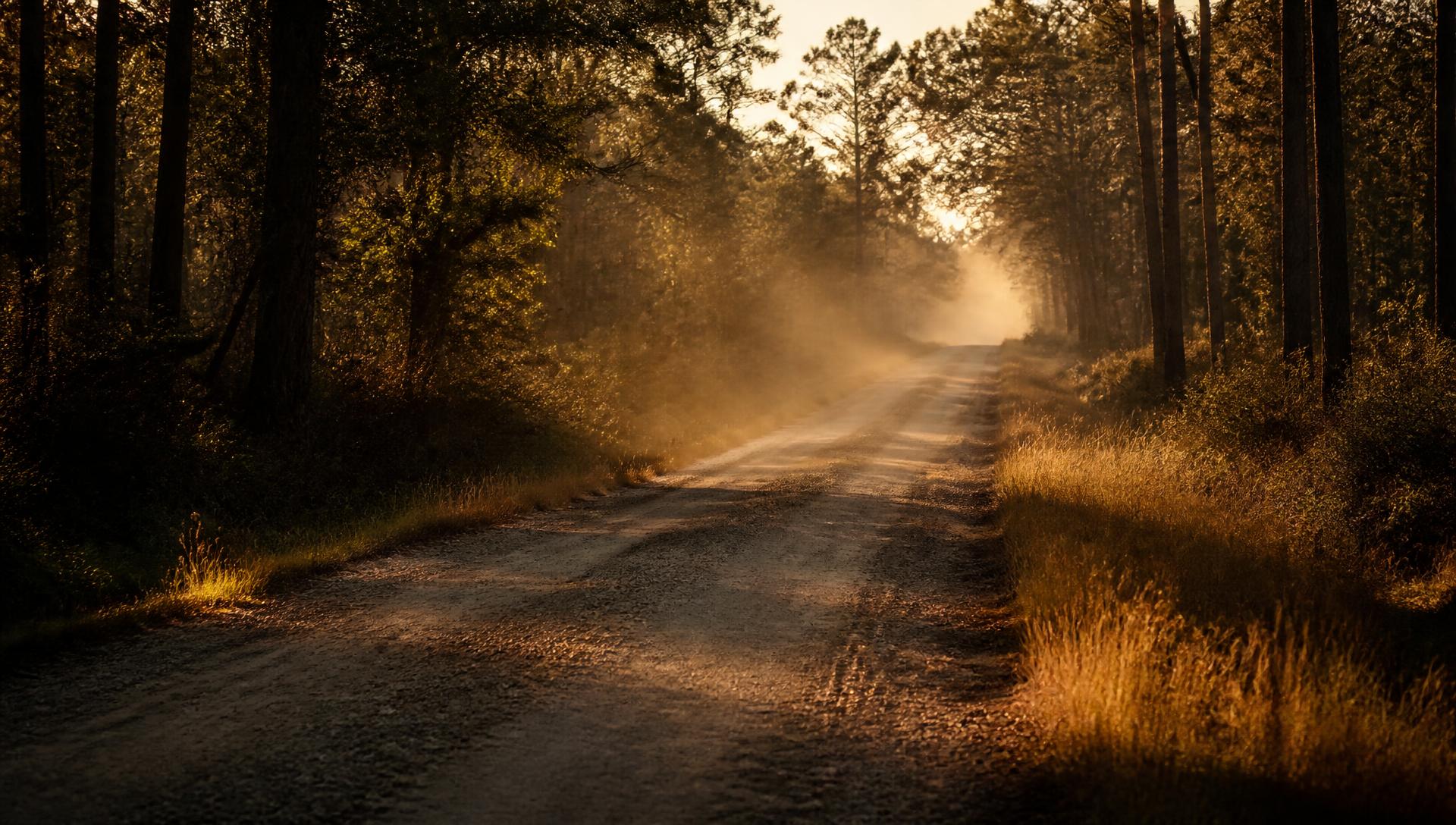 A dusty gravel road through southern woods at golden hour